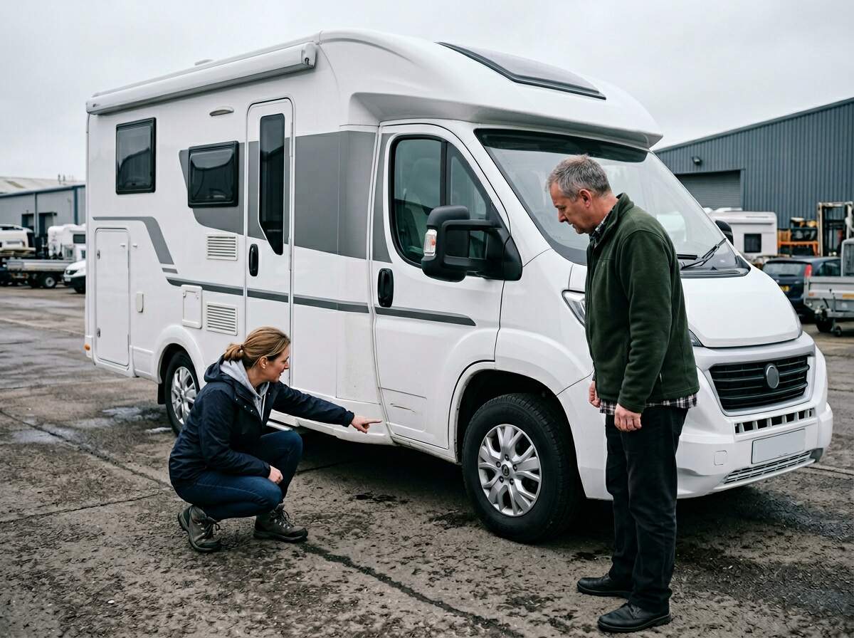 Teilintegriertes Wohnmobil bei der Außenprüfung an der Übergabe